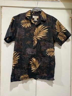 High Surf Hawaiian Shirt Men's medium Black Gold Tropical Print Camp Button Up